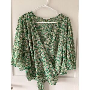 Haute Monde Green Floral Wrap Blouse L‎ Bell Pleated Sleeve Tie Waist Top